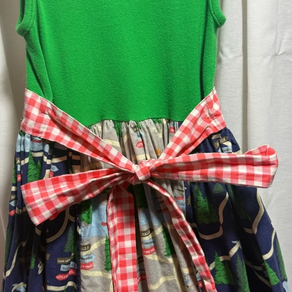 K Pea Green Tank Top Dress with Plaid Waistband and Patterned Skirt